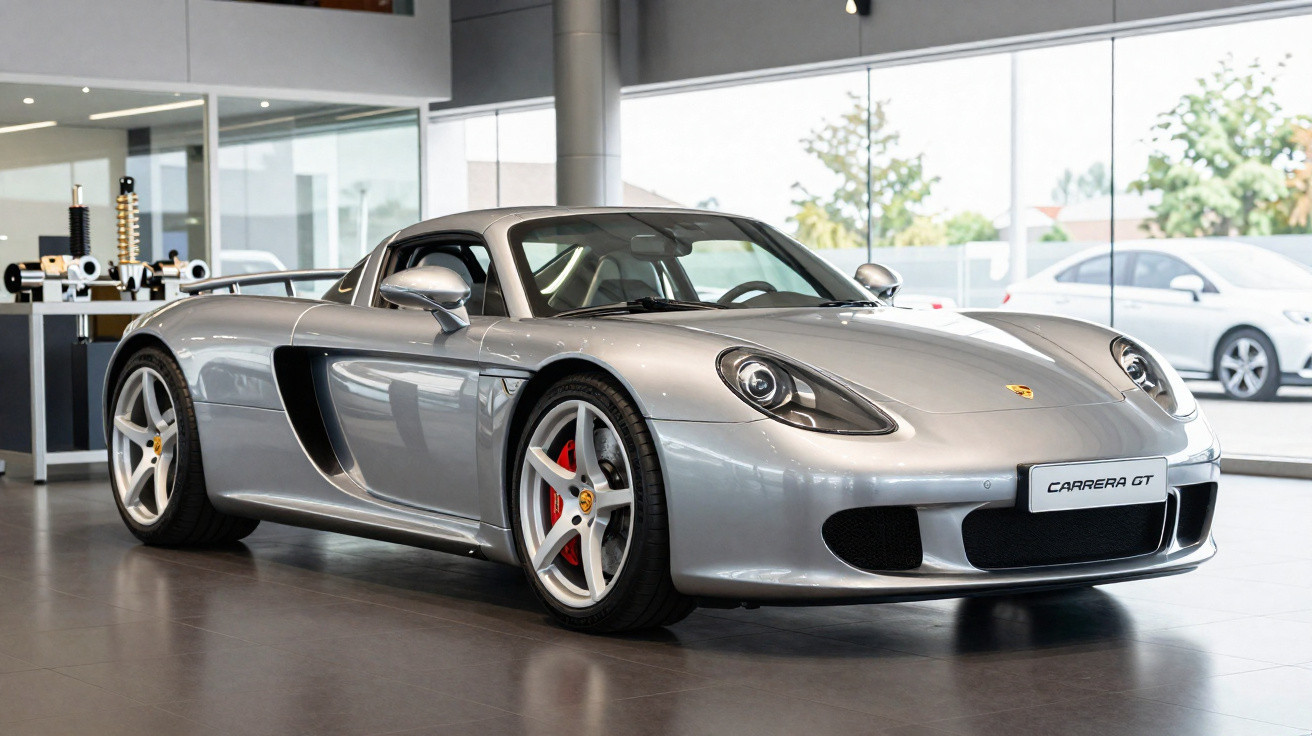 Carro esportivo prata Porsche Carrera GT em showroom moderno com piso cinza e grandes janelas.