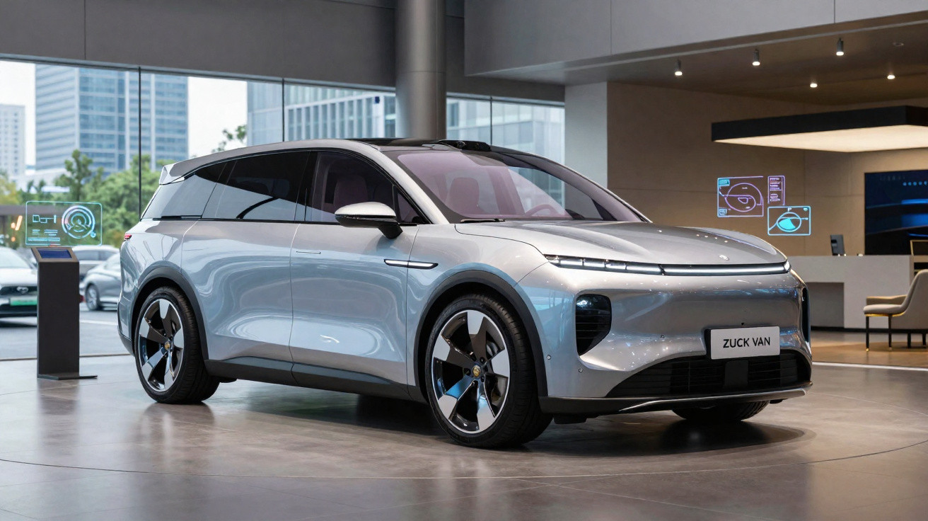 Carro elétrico moderno prata exposto em ambiente interno com grandes janelas e iluminação suave.