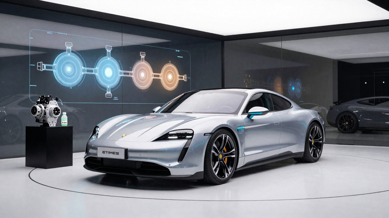 Carro esportivo elétrico prata em showroom moderno com ilustrações técnicas ao fundo.