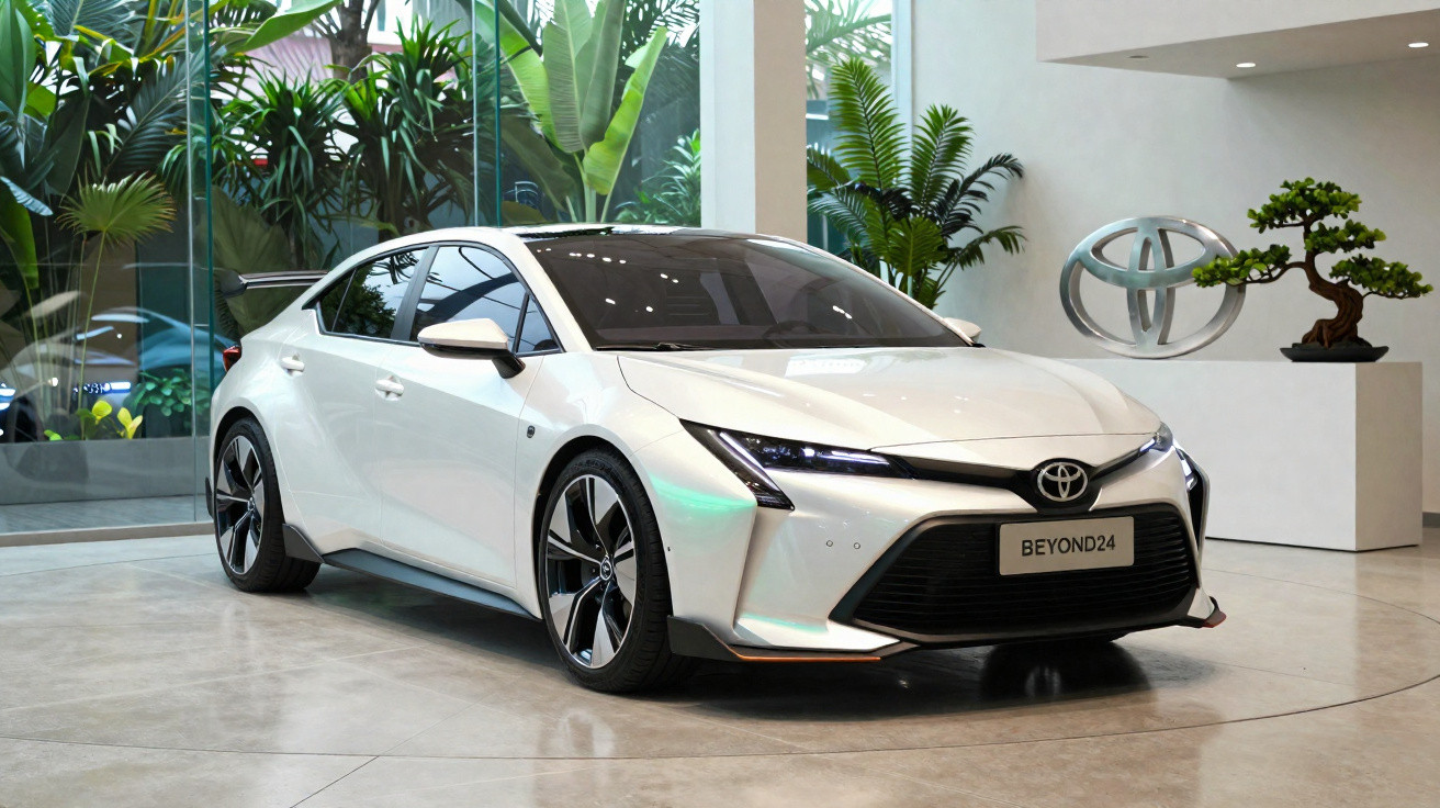 Carro elétrico branco Toyota BEYOND24 em showroom moderno com plantas e logo da Toyota ao fundo.