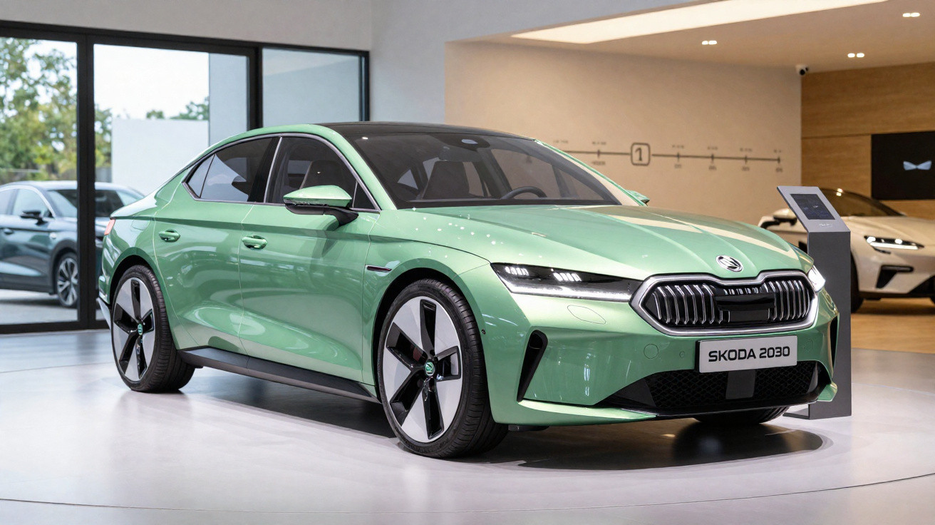 Carro elétrico verde Skoda 2030 exposto em salão moderno com iluminação e piso branco.