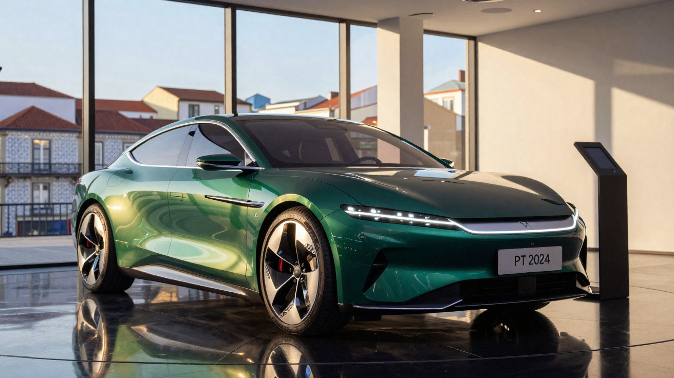Carro esportivo verde elétrico exposto em ambiente moderno com janelas amplas e piso refletivo.