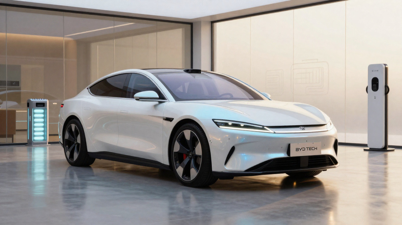 Carro elétrico branco estacionado em garagem moderna com pontos de recarga ao fundo.