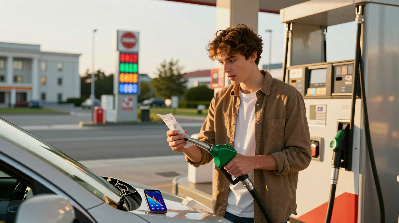 Jovem conferindo recibo ao abastecer carro em posto de gasolina ao entardecer.