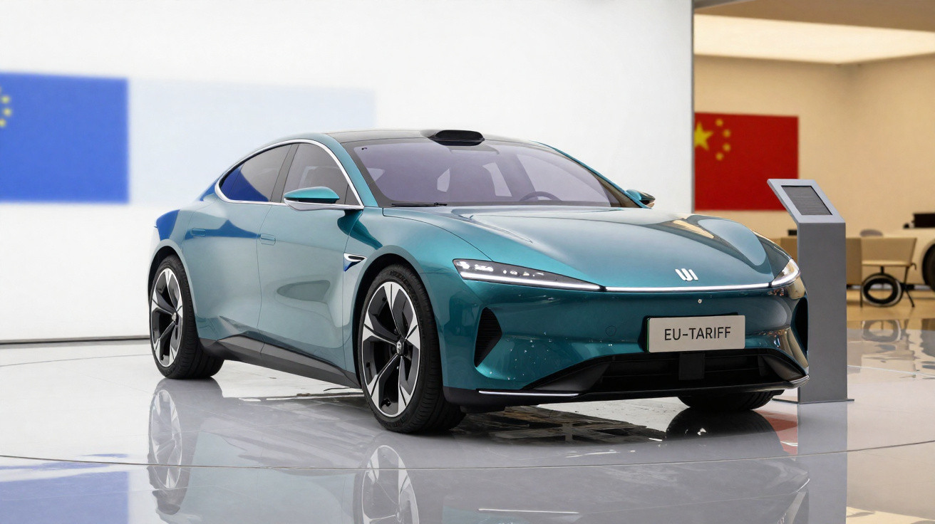 Carro elétrico futurista azul exibido em estande com bandeiras da União Europeia e China ao fundo.