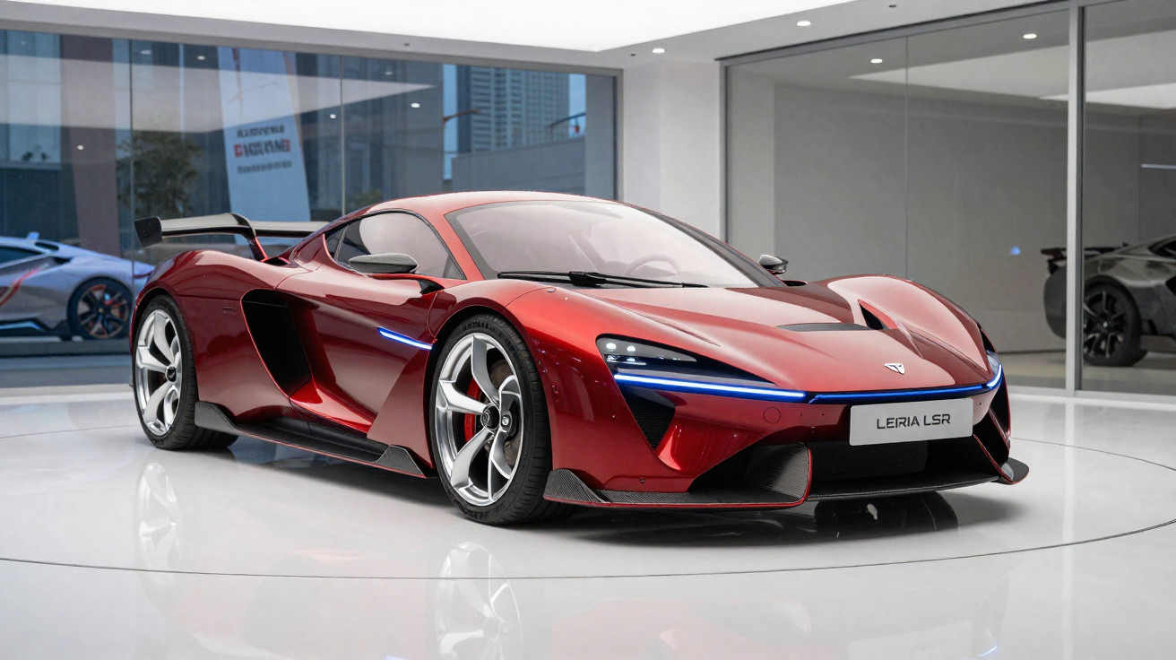 Carro esportivo vermelho LERIA LSR exibido em showroom moderno e minimalista com iluminação forte.