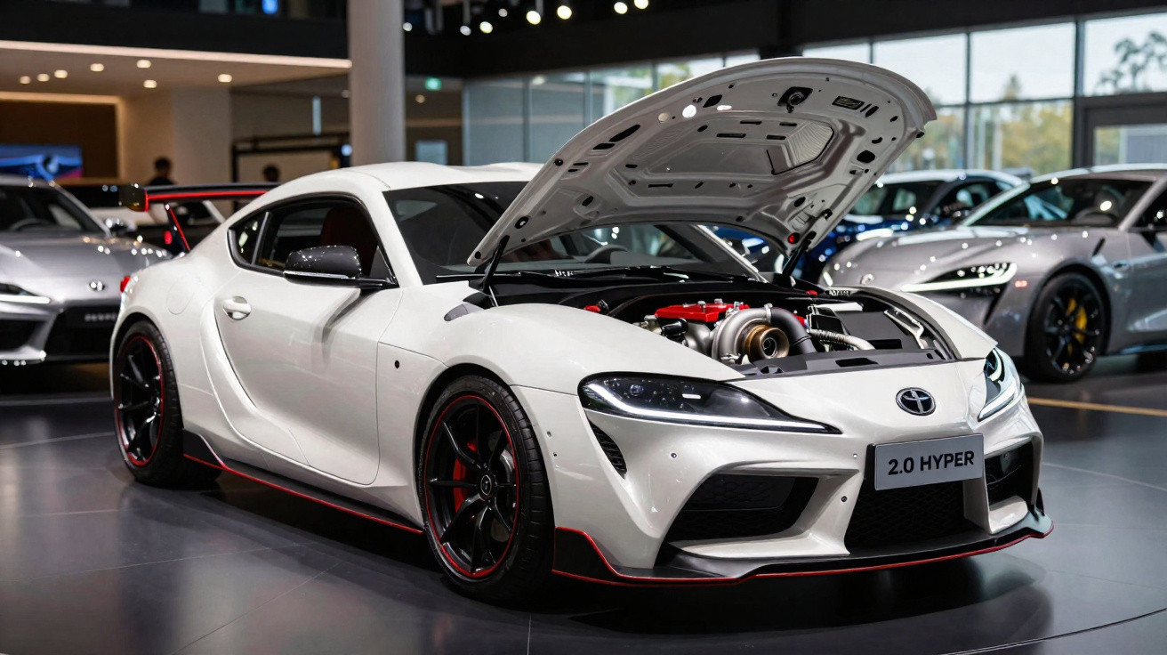 Carro esportivo branco com capô aberto exibindo motor em showroom moderno com outros carros ao fundo.