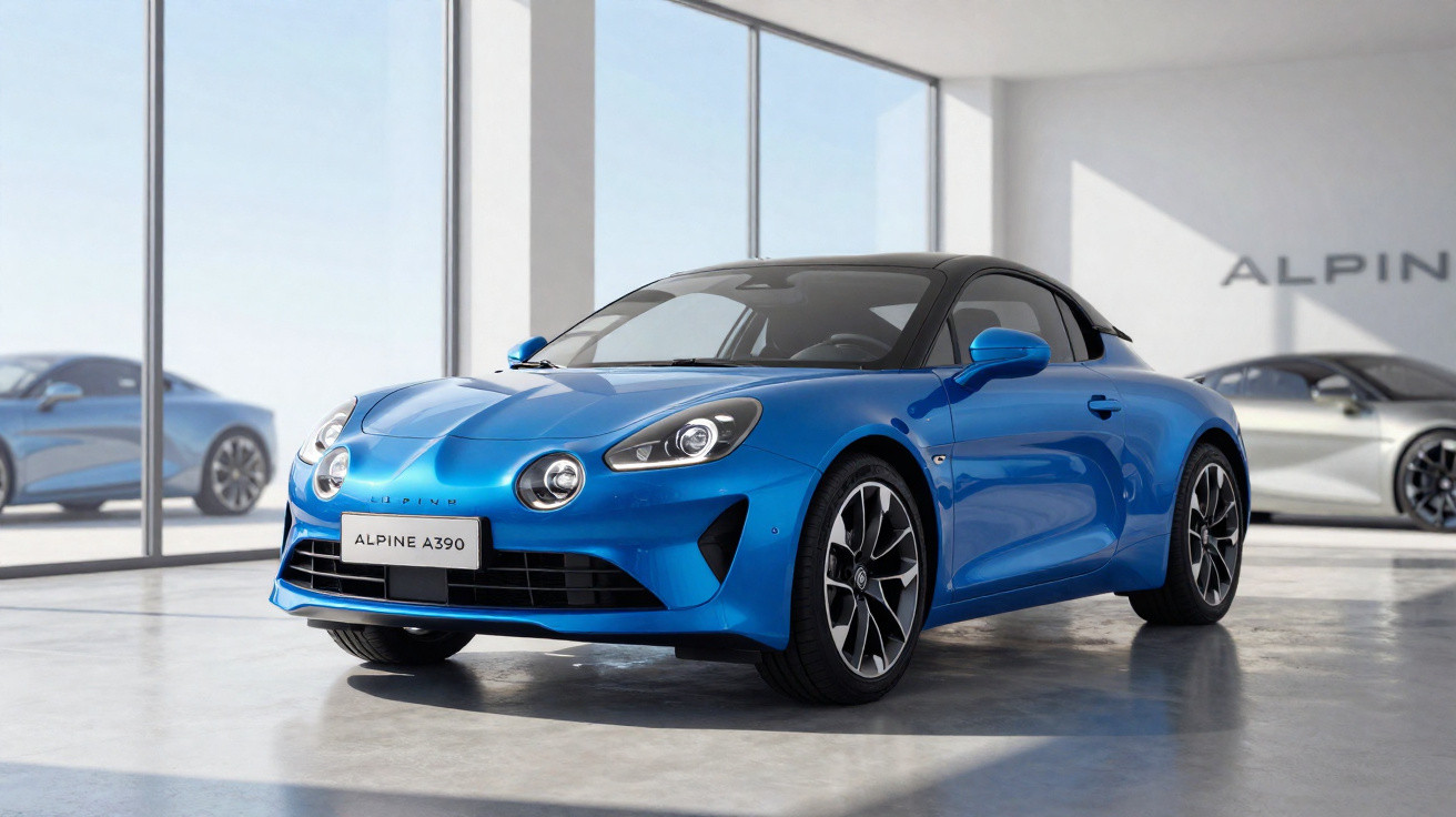 Carro esportivo azul Alpine A390 estacionado em showroom moderno com janelas grandes de vidro.