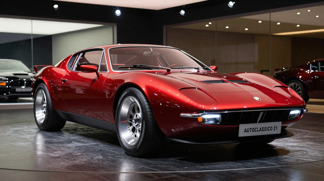 Carro esportivo clássico vermelho em exposição com faróis acesos e rodas de liga leve.