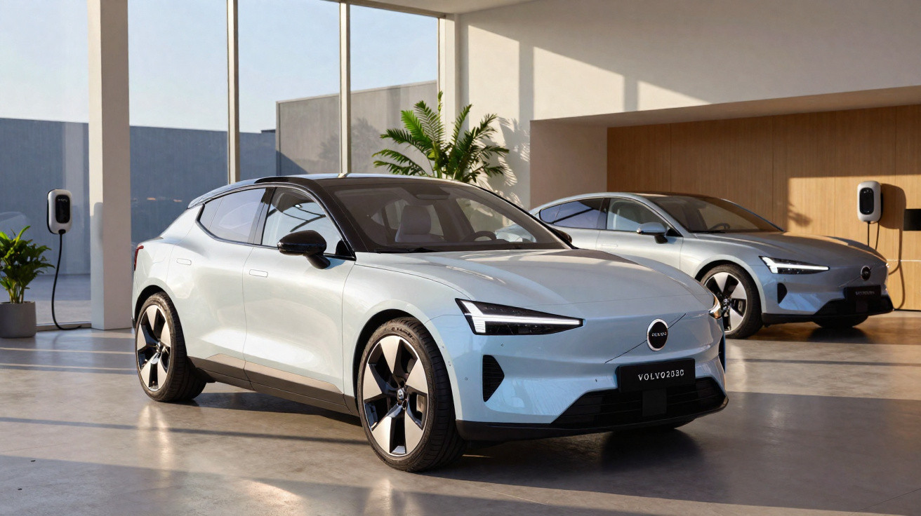 Dois carros elétricos Volvo brancos estacionados em garagem moderna com carregadores e plantas ao fundo.