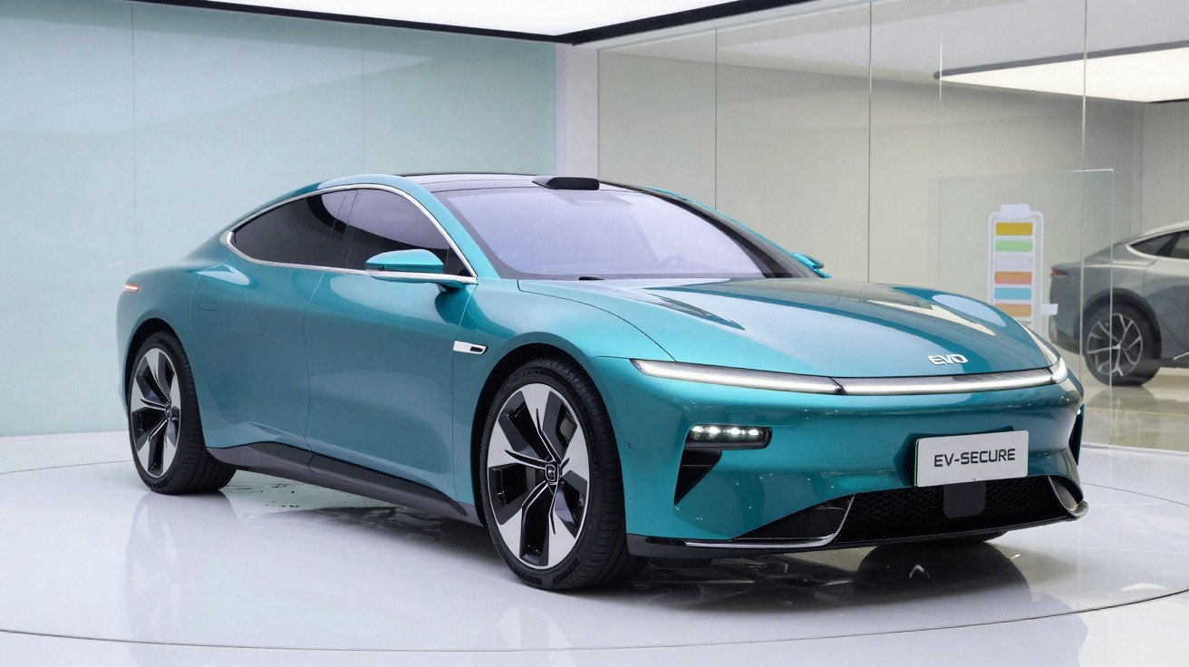 Carro elétrico esportivo azul em exposição com design aerodinâmico e rodas grandes em ambiente moderno.