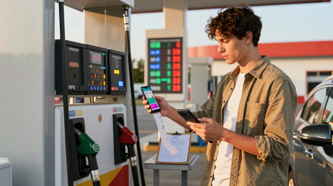 Jovem conferindo nota fiscal digital no celular em posto de combustível ao lado de bomba de gasolina.