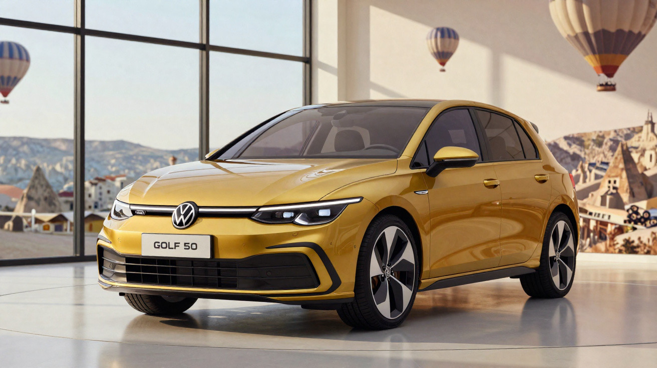 Carro Volkswagen Golf 50 amarelo exibido em ambiente interno com balões coloridos ao fundo.