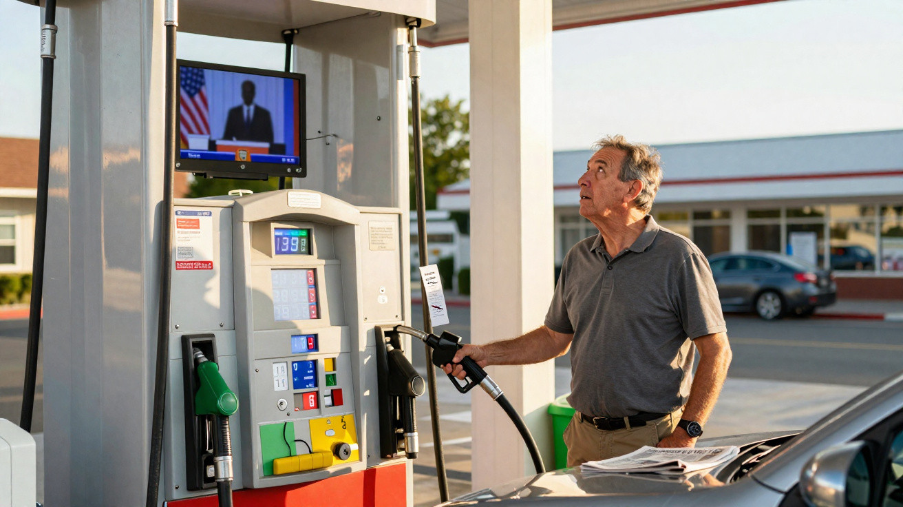 Homem com camiseta cinza abastecendo carro em posto de gasolina enquanto assiste TV.