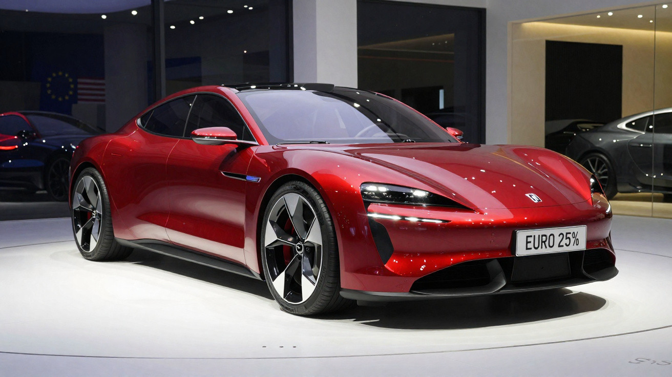 Carro esportivo elétrico vermelho brilhante exibido em ambiente interno moderno.