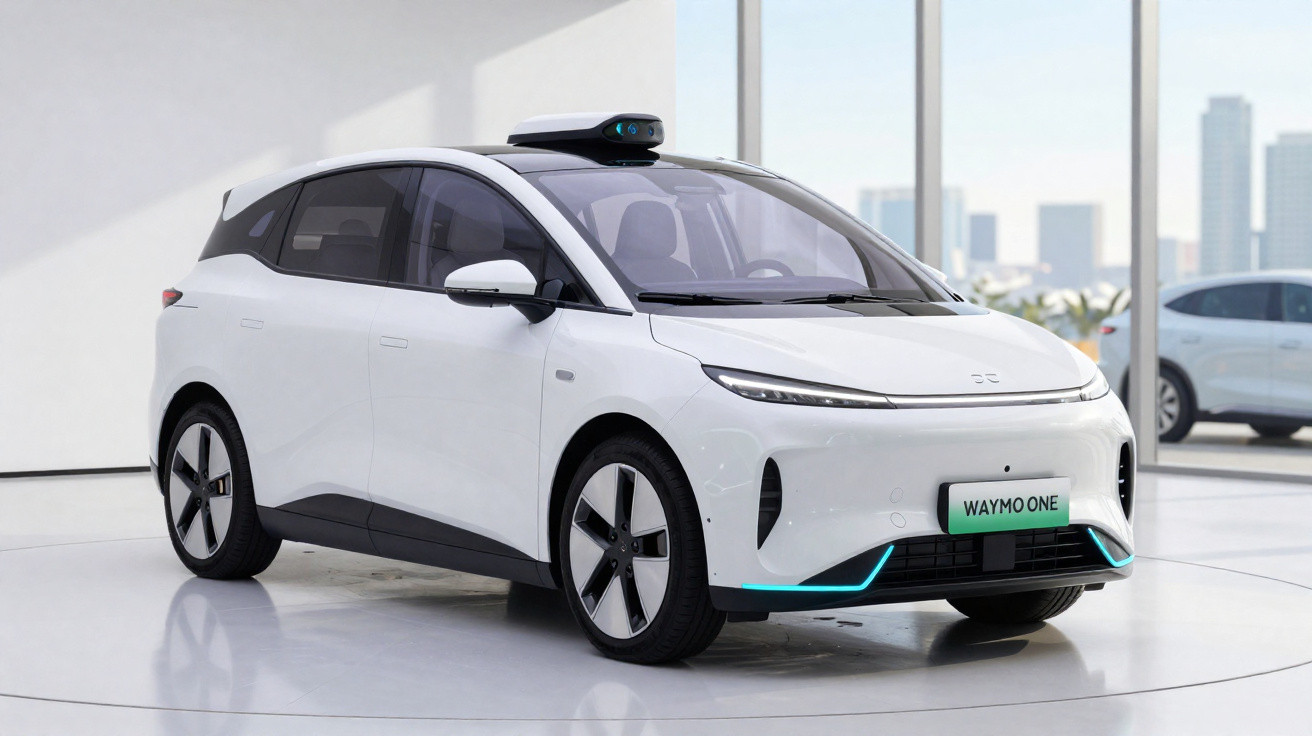 Carro elétrico autônomo branco Waymo One em ambiente interno, com sensor no teto e detalhes em azul.