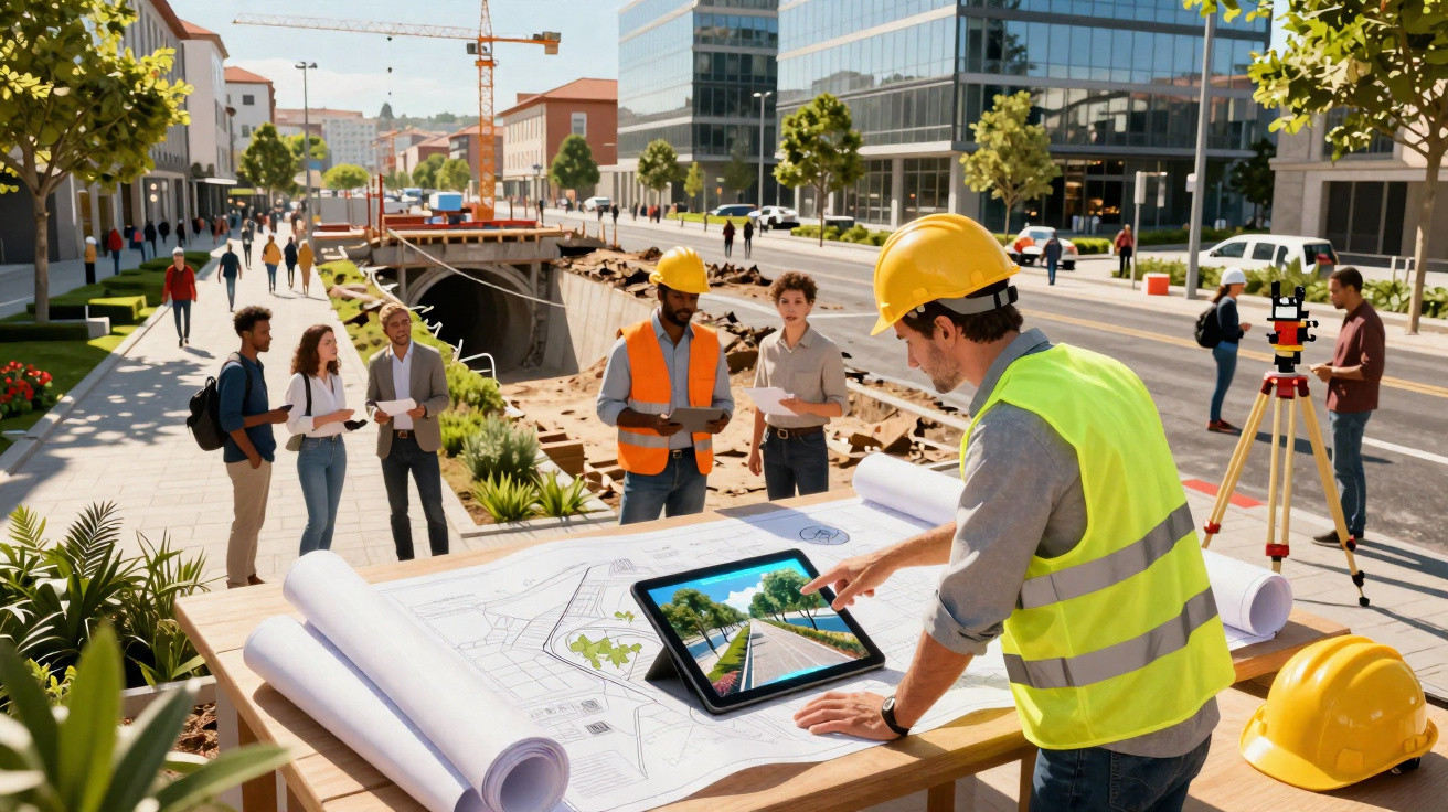 Equipe de engenharia analisando plantas e imagens digitais em obra urbana durante o dia.
