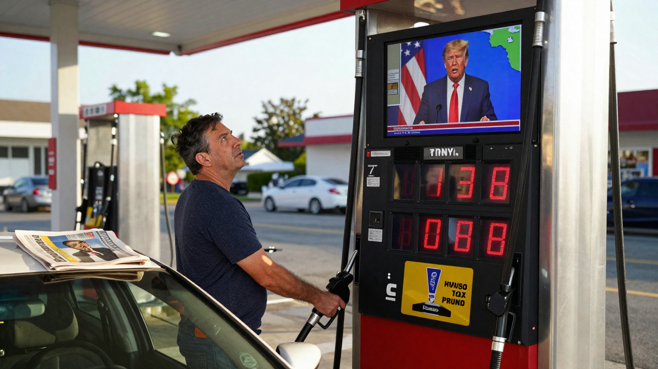 Homem abastecendo carro em posto com televisão mostrando discurso de Donald Trump.