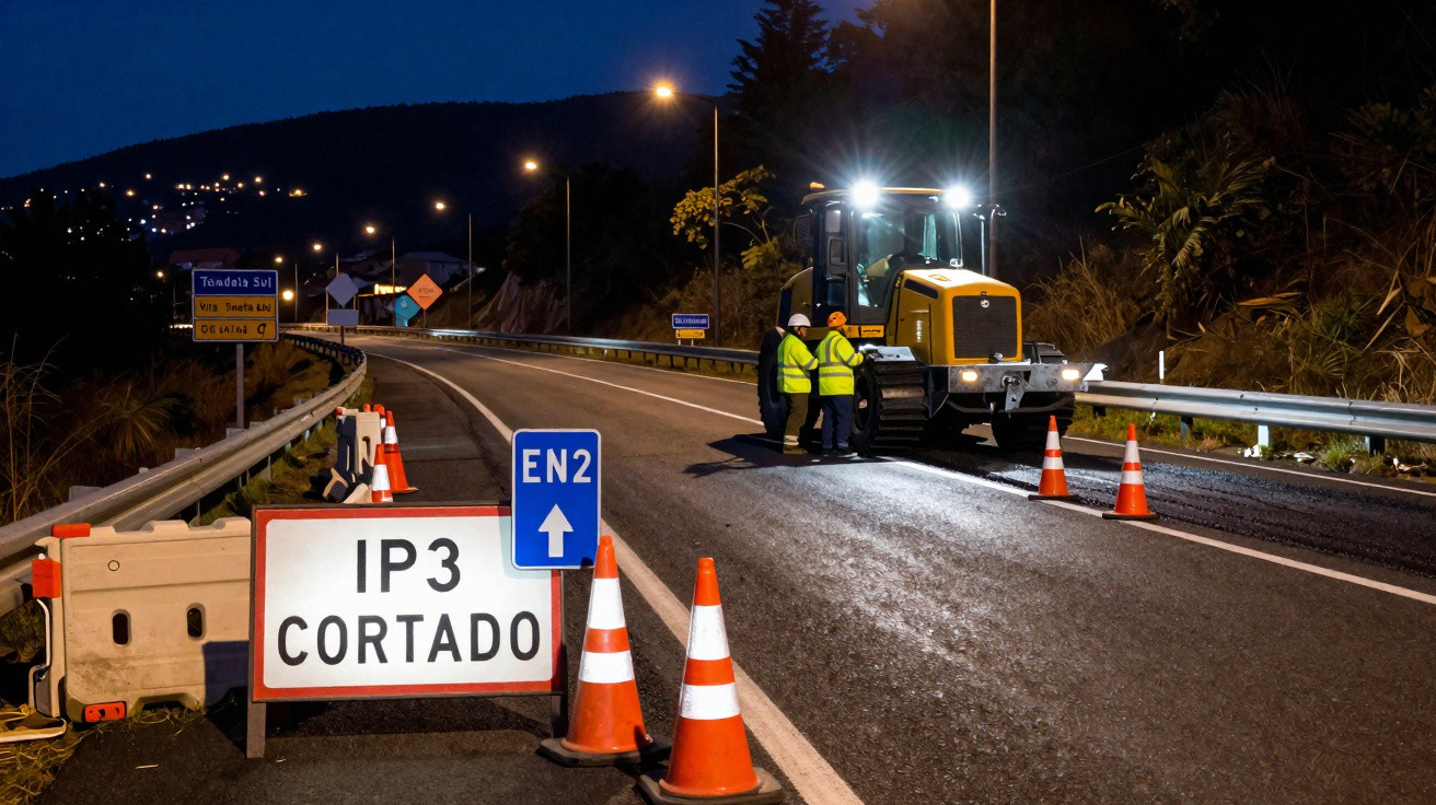 Obra noturna em estrada bloqueada com cones, sinalização e trabalhadores com coletes refletivos.