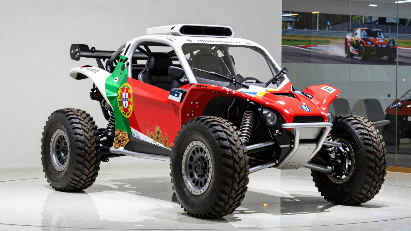Carro de rali off-road com pintura nas cores da bandeira de Portugal, exibido em um showroom.