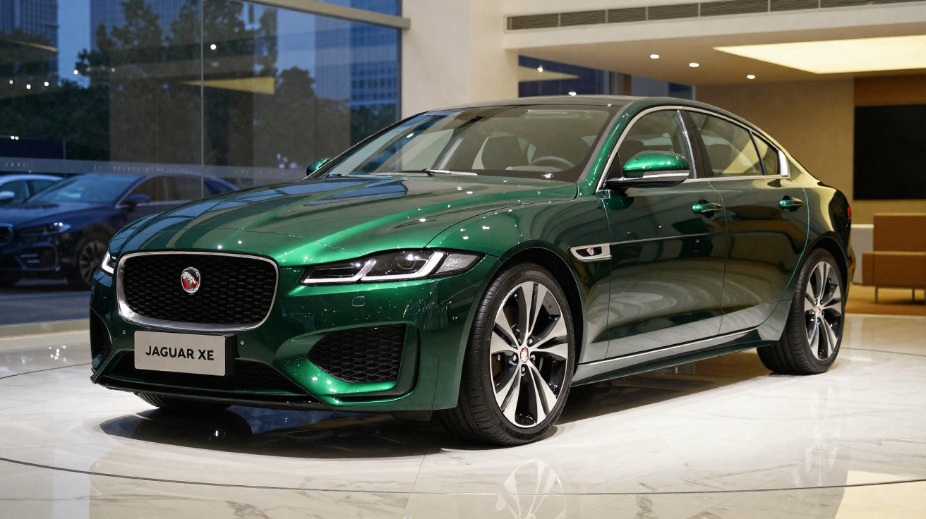 Carro Jaguar XE verde metálico exibido em showroom moderno com piso branco e iluminação interna.