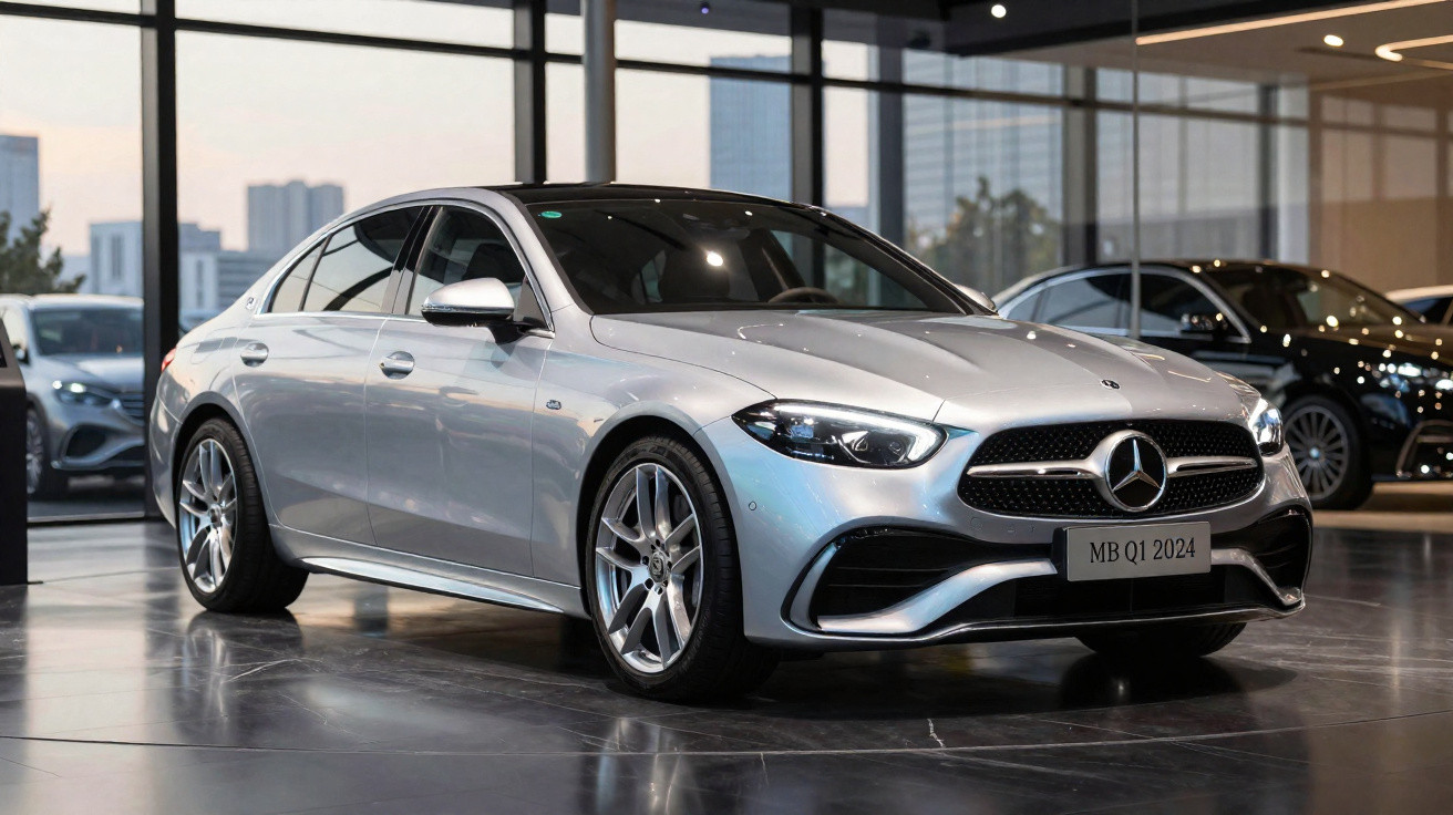 Carro sedan prata Mercedes-Benz modelo 2024 exibido em showroom moderno com janelas de vidro.