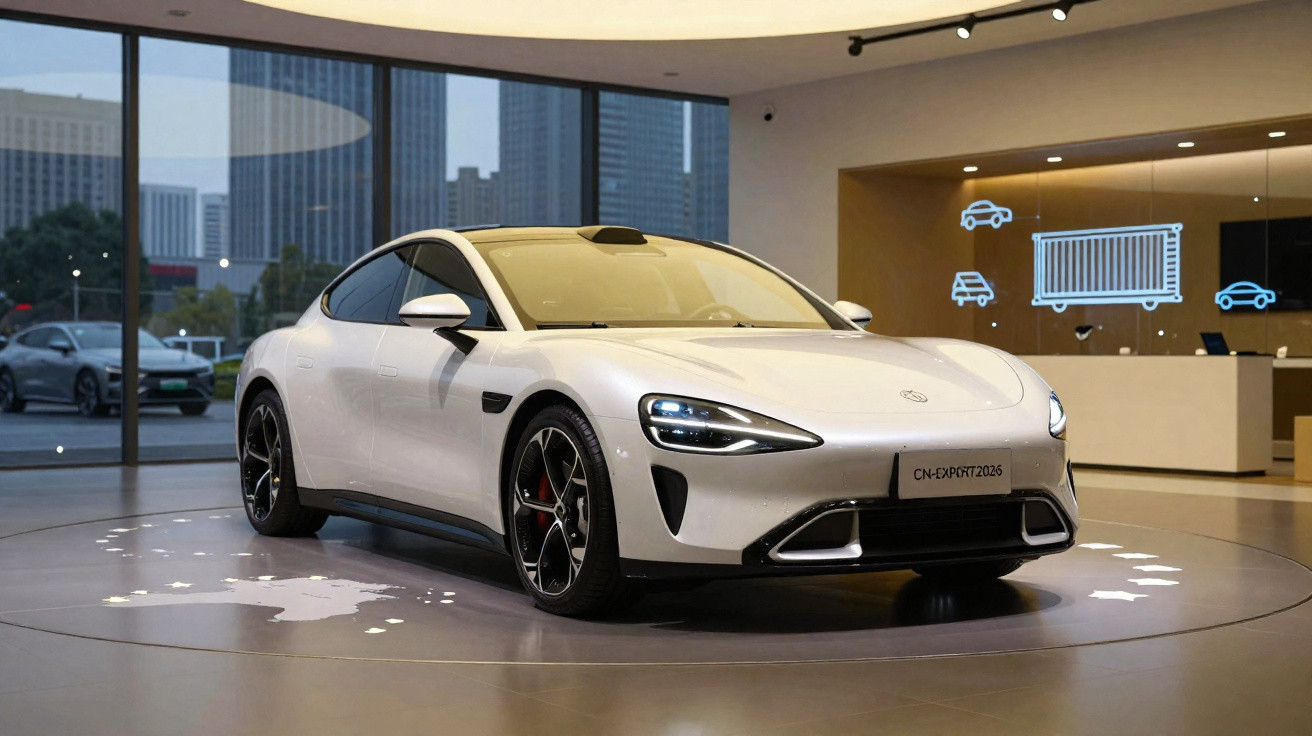 Carro esportivo branco exibido em showroom moderno com grandes janelas e iluminação ambiente.