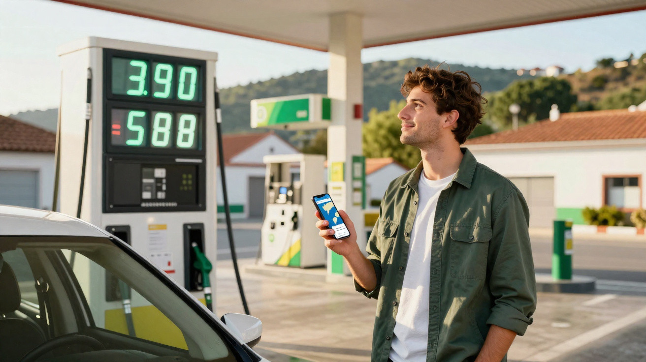 Homem sorrindo com celular na mão em posto de combustível ao lado de carro e bomba de gasolina.
