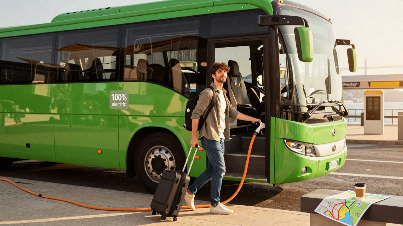 Jovem com mochila e mala conectando ônibus elétrico verde a estação de recarga ao ar livre.
