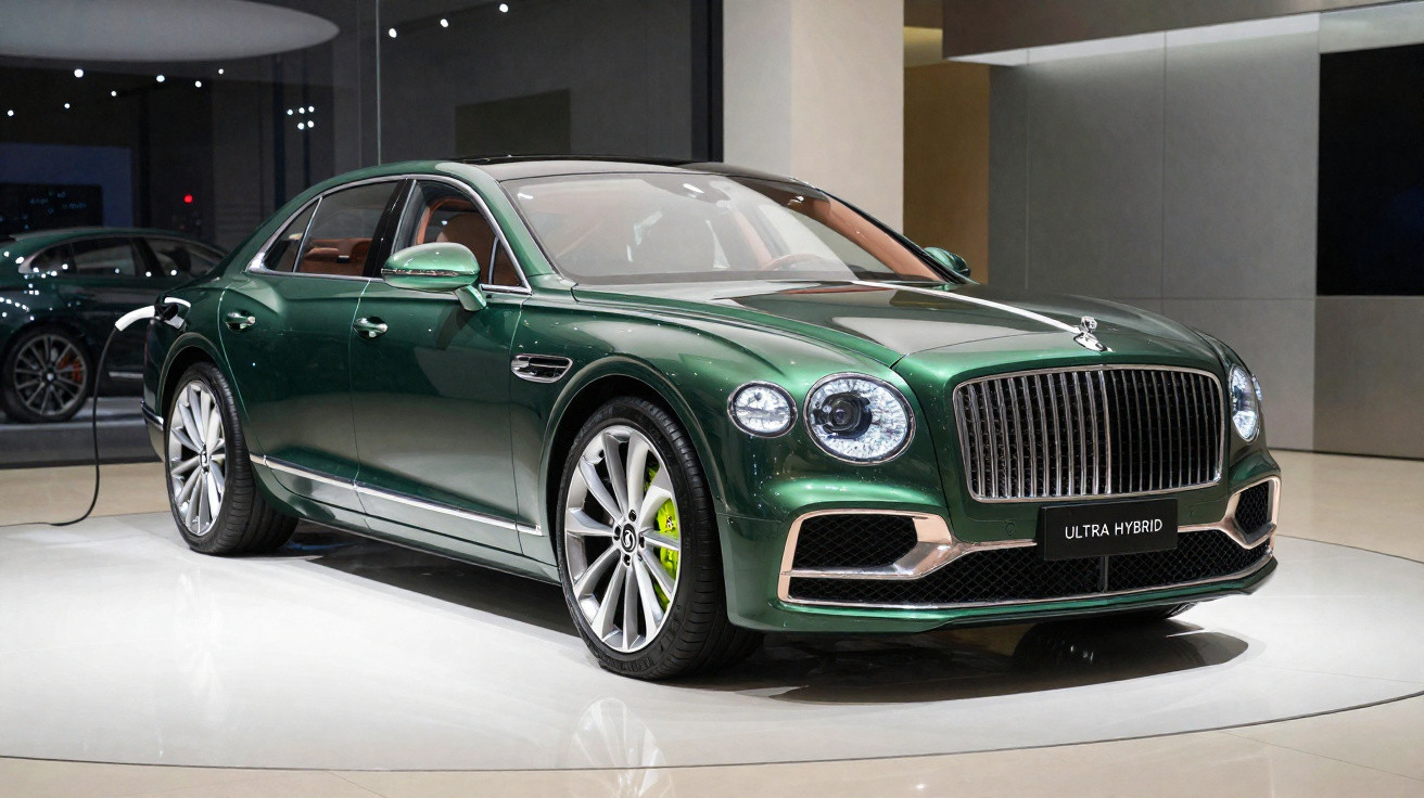Carro sedan verde metálico Bentley Ultra Hybrid exposto em salão com interior iluminado.