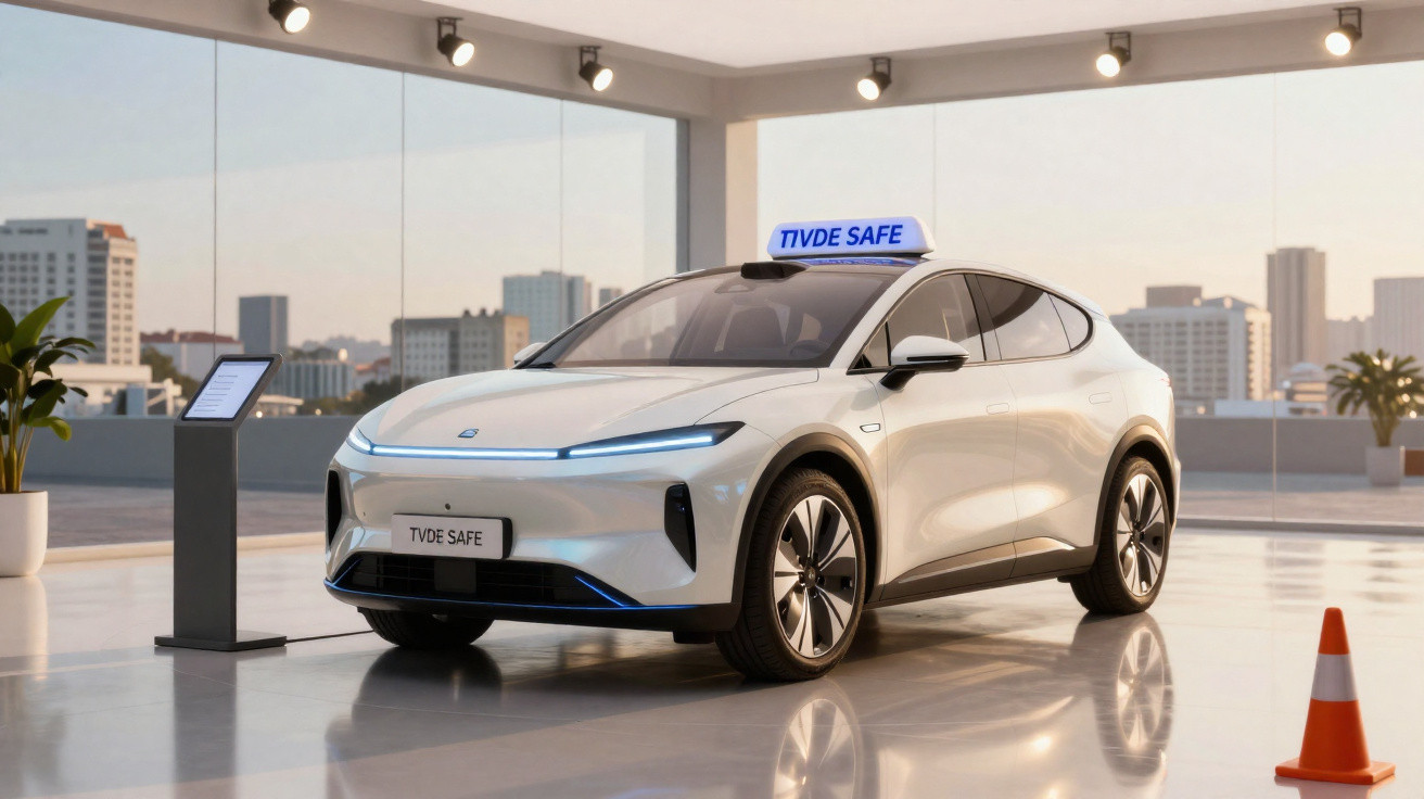 Carro elétrico branco modelo SUV com placa e placa no teto escrito TIVDE SAFE em ambiente interno moderno.