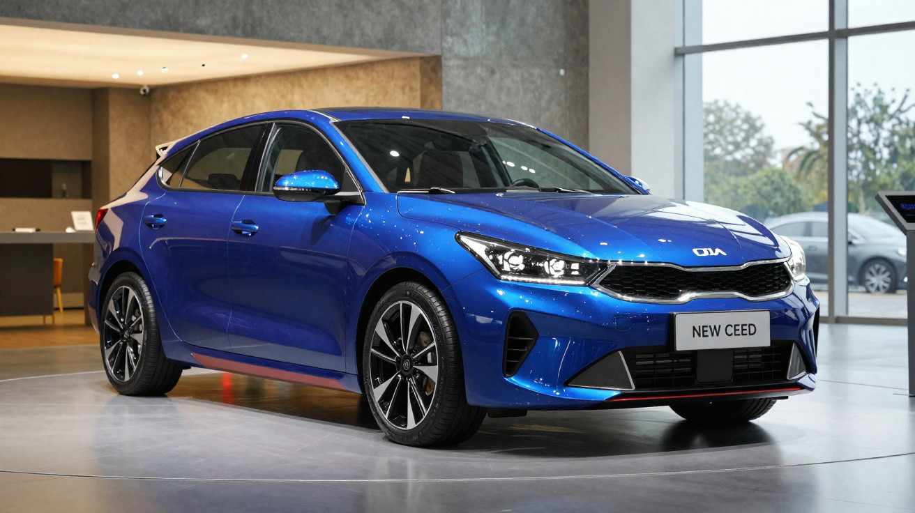 Carro azul Kia New Ceed exibido em showroom moderno com iluminação natural e piso cinza.