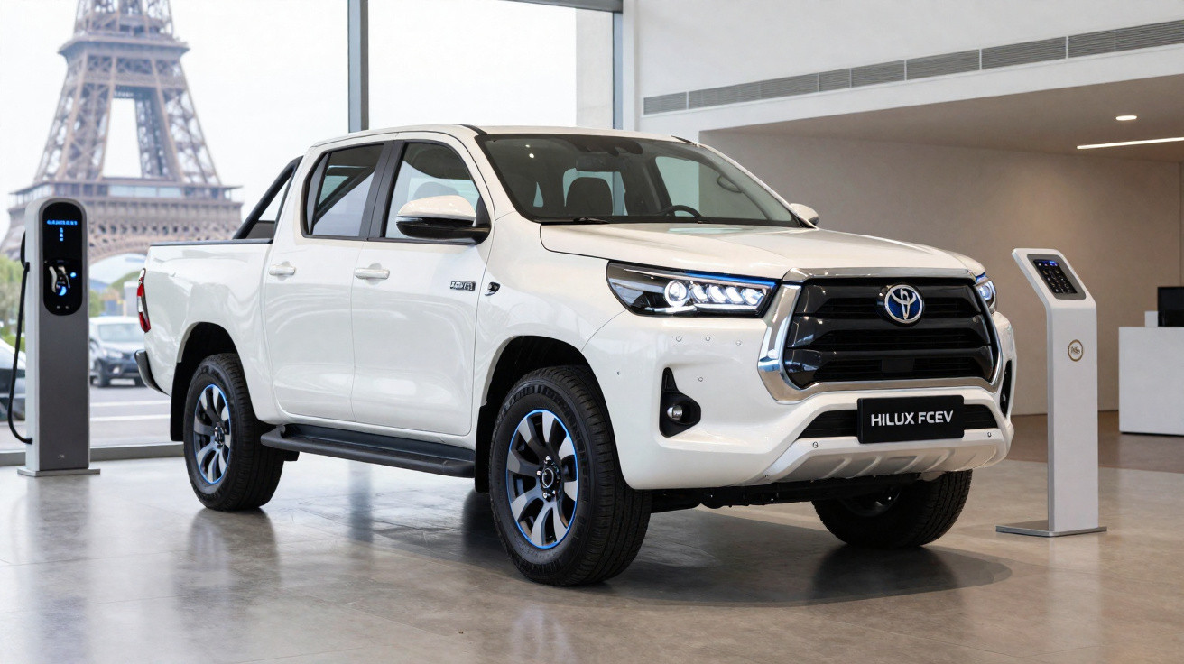 Picape Toyota Hilux FCEV branca em showroom com Torre Eiffel ao fundo.