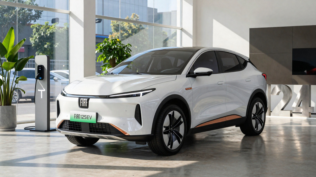 Carro elétrico branco Fiat 125EV estacionado em ambiente interno moderno com estação de recarga ao lado.