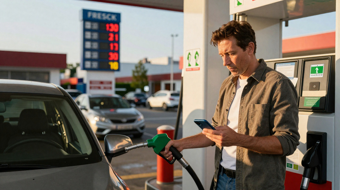 Homem abastecendo carro em posto de gasolina enquanto olha para celular ao entardecer.
