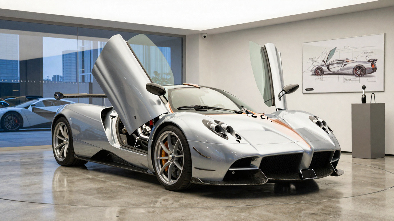 Carro esportivo prata com portas abertas em estilo asas de gaivota em showroom moderno.