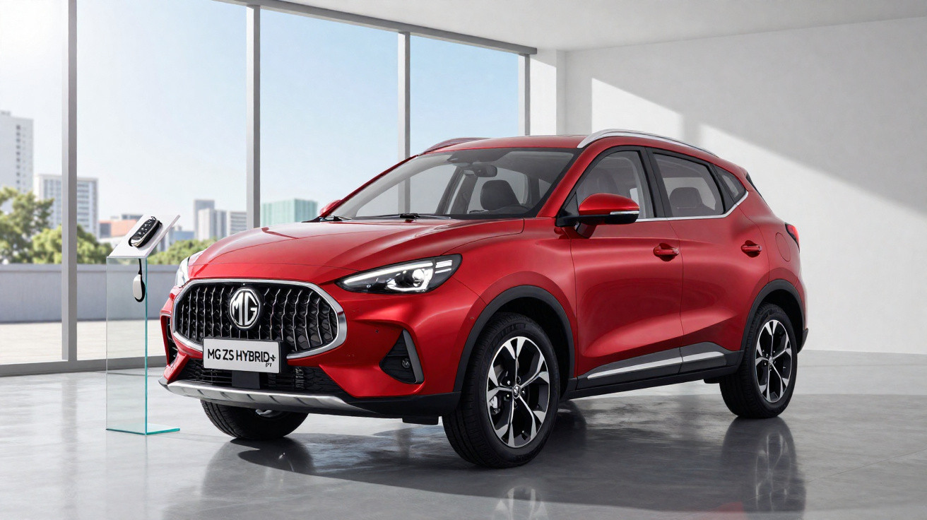 Carro SUV vermelho MG ZS Hybrid estacionado em sala com parede branca e grandes janelas de vidro.