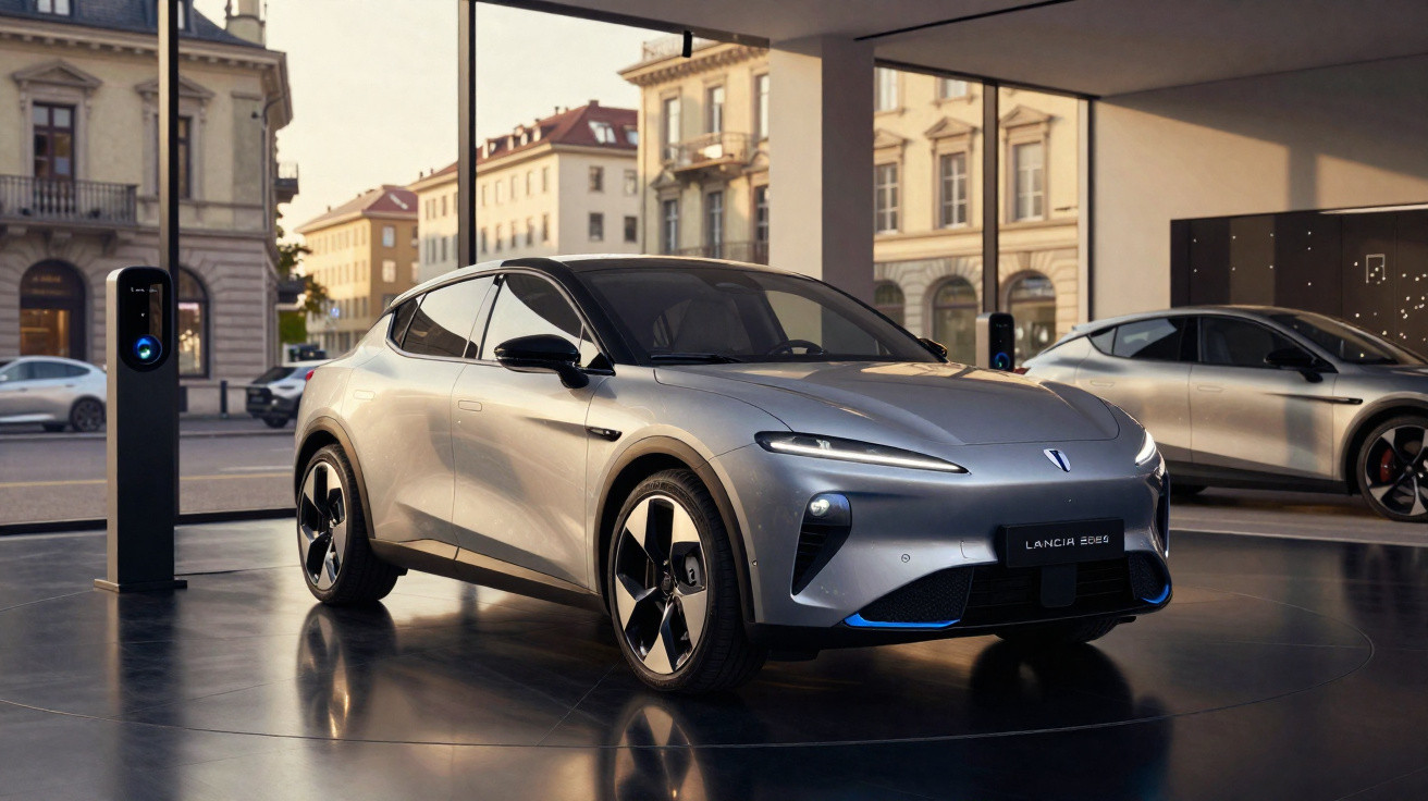 Carro elétrico cinza estacionado em showroom moderno com prédios históricos ao fundo.