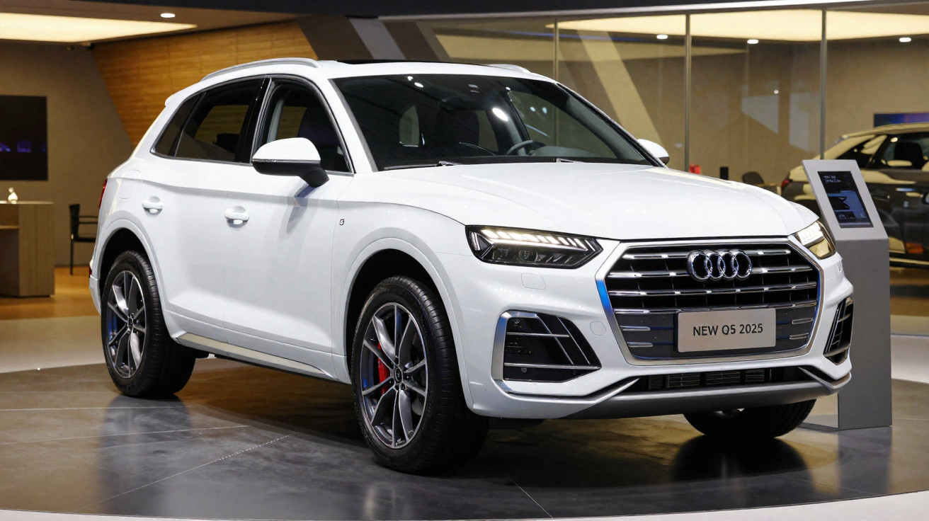Audi Q5 branco 2025 em exposição, vista frontal em ambiente interno iluminado.