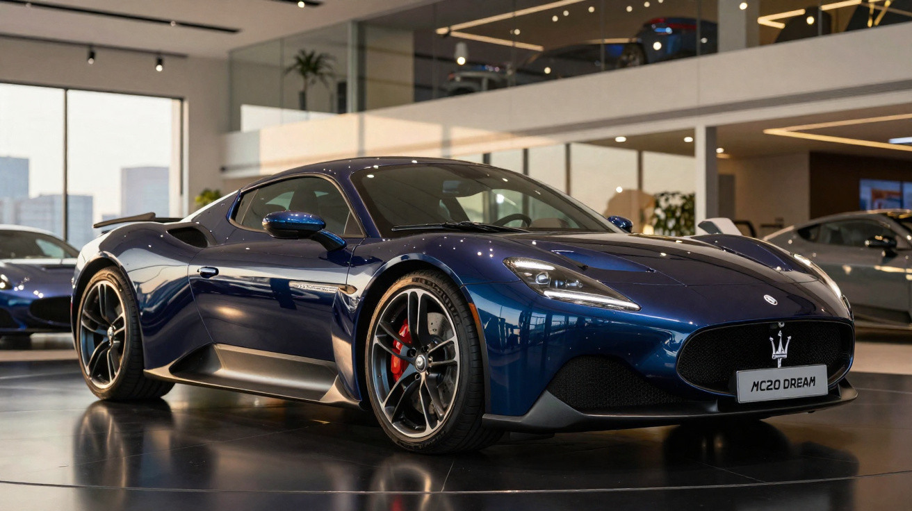 Carro esportivo azul Maserati MC20 Dream em showroom moderno e iluminado.