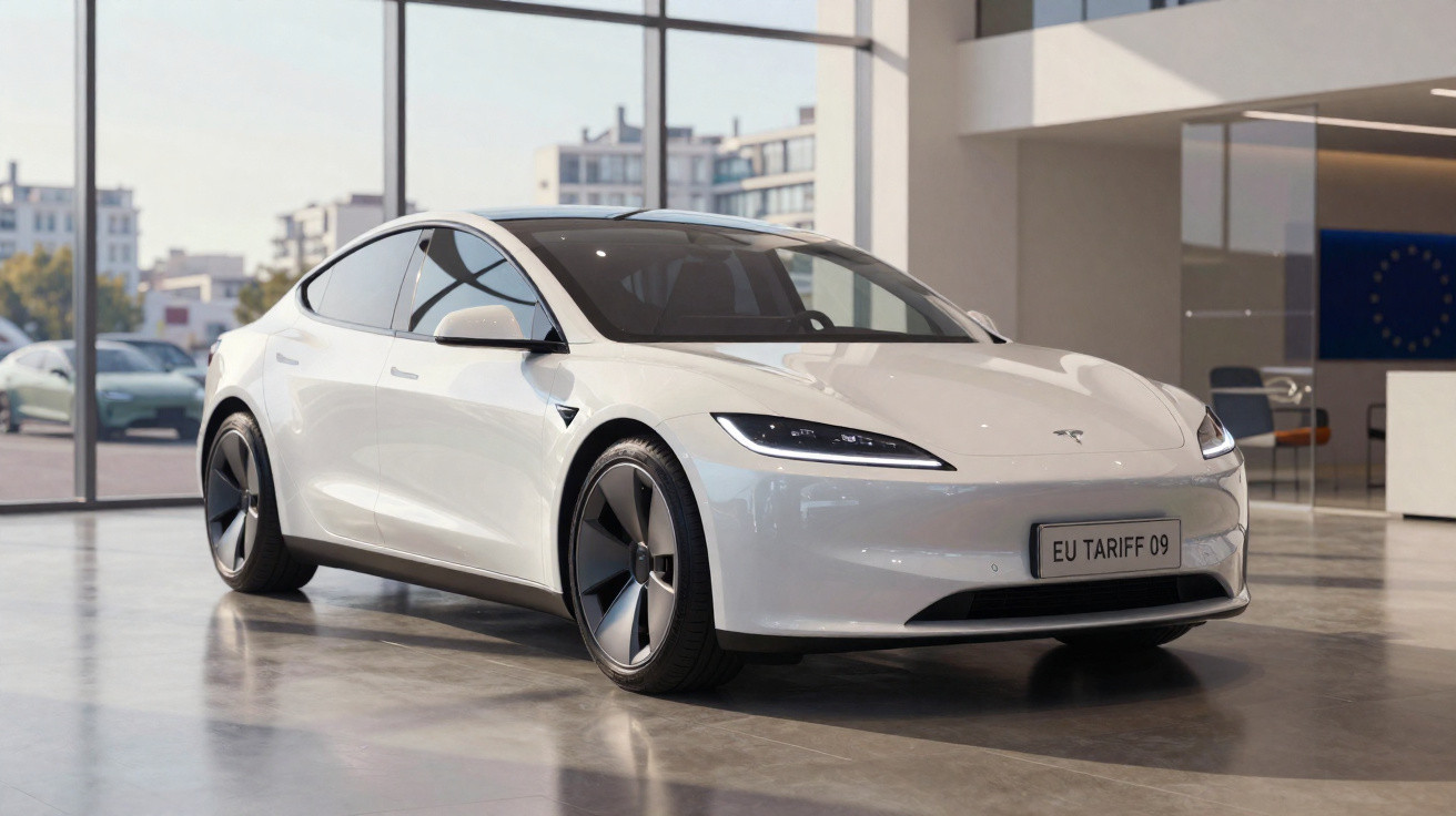 Carro elétrico branco Tesla estacionado em um showroom moderno com grandes janelas.