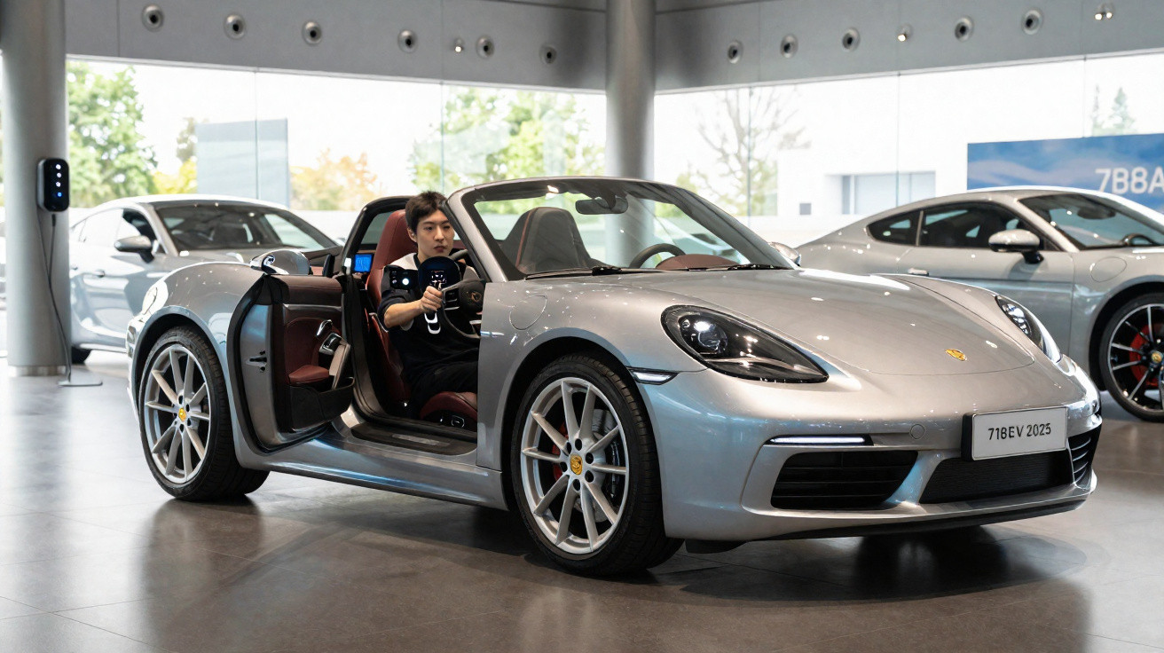 Homem dentro de conversível prata Porsche 718 EV 2025 com porta aberta em showroom.