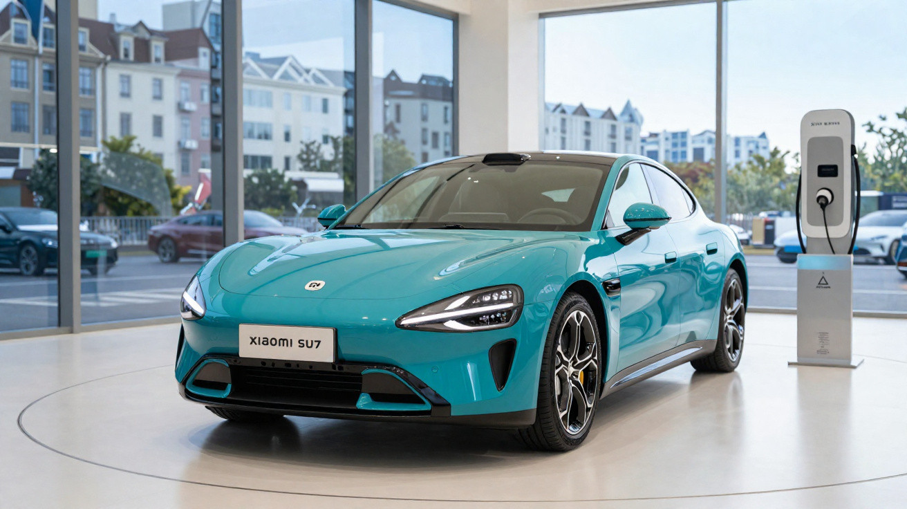 Carro elétrico azul Xiaomi SU7 em showroom com estação de recarga ao lado e prédio ao fundo.
