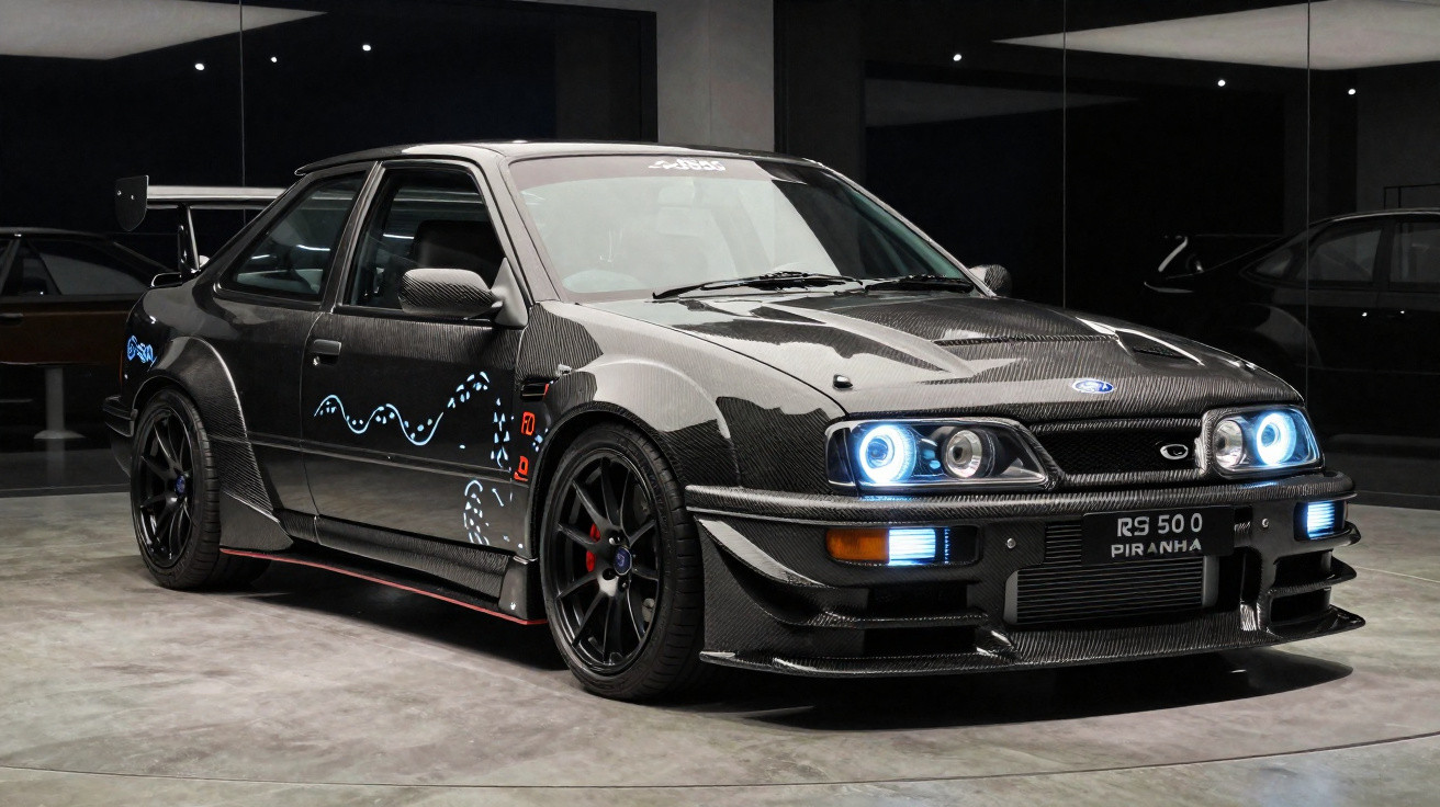 Carro esportivo preto com faróis azuis e detalhes aerodinâmicos exposto em ambiente interno moderno.