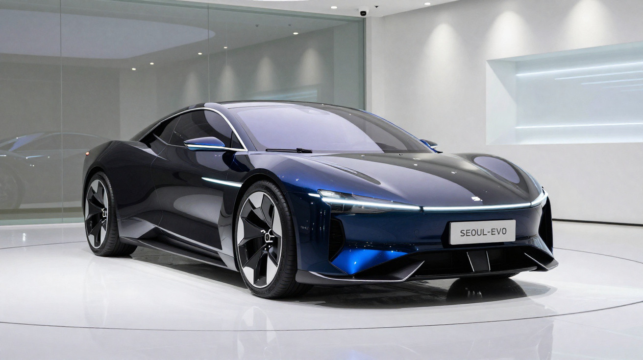 Carro esportivo elétrico azul escuro modelo SEOUl-EVO em vitrine moderna com iluminação branca.