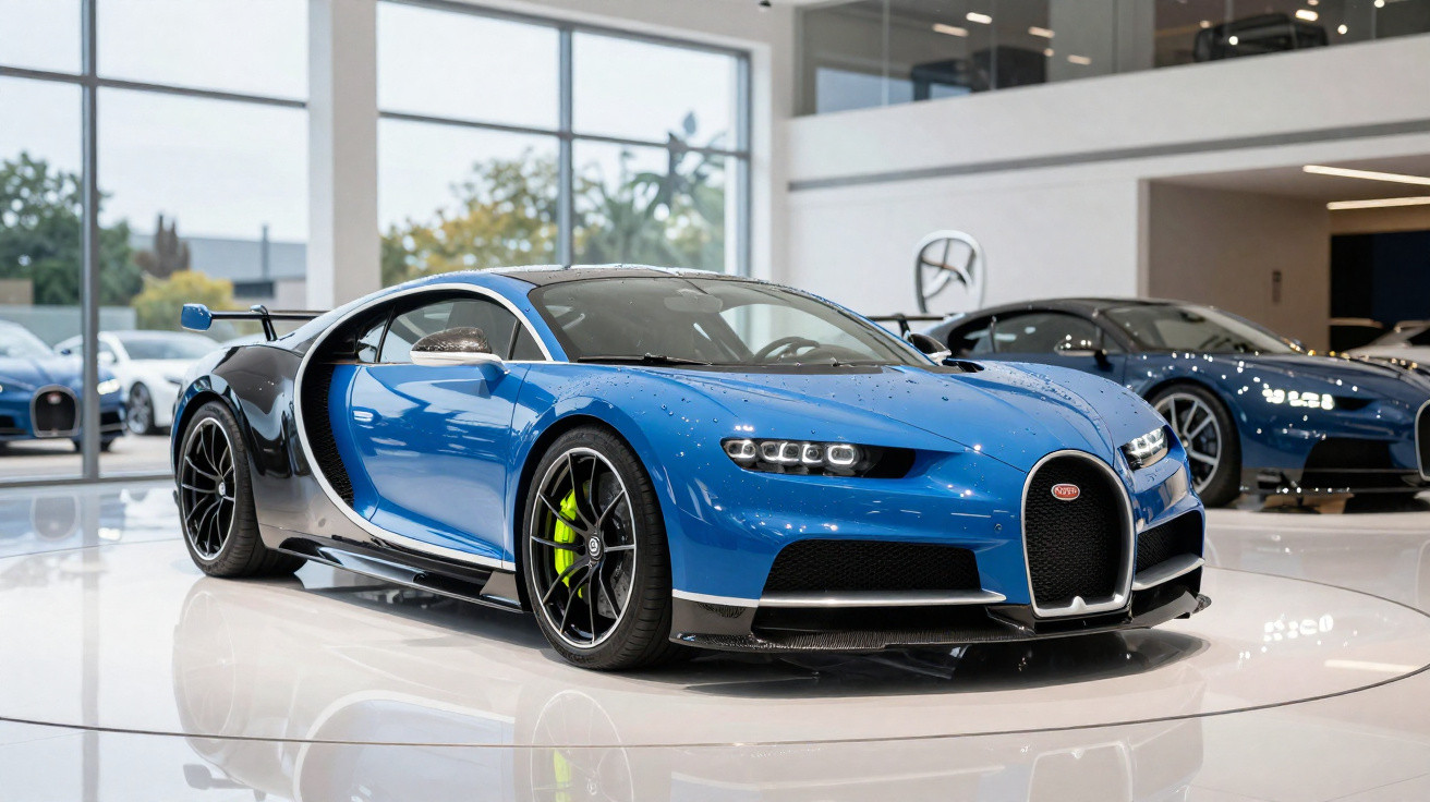 Carro esportivo Bugatti azul e preto exibido em showroom moderno com piso branco e janelas amplas.