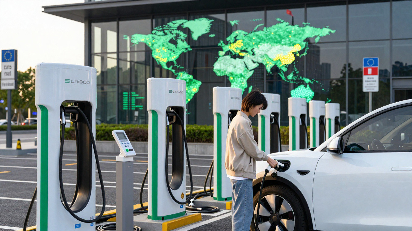 Pessoa conectando carro elétrico à estação de recarga, com mapa digital do mundo ao fundo.