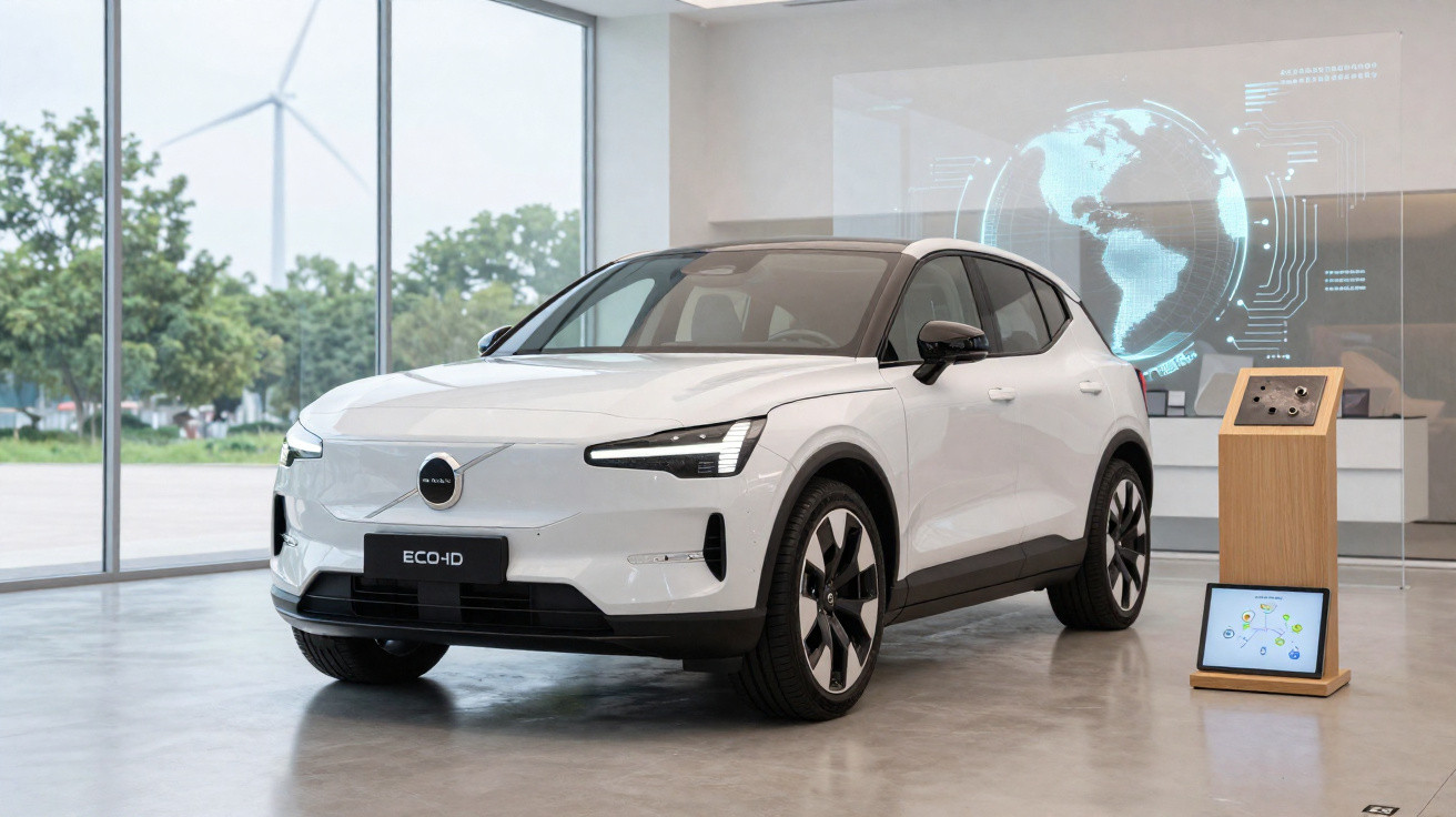 Carro elétrico branco Volvo ECO-ID exposto em showroom com painel digital ao fundo e turbina eólica vista pela janela.