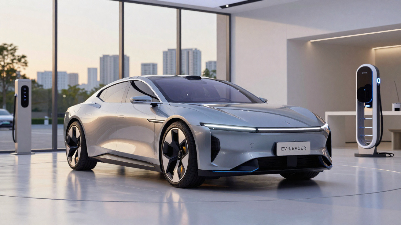 Carro elétrico cinza estacionado em showroom moderno com carregadores elétricos ao fundo.