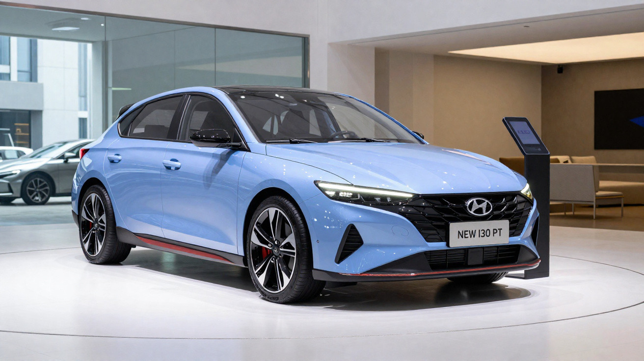 Carro Hyundai New i30 PT azul claro em exposição interna, com rodas esportivas e detalhes em preto.